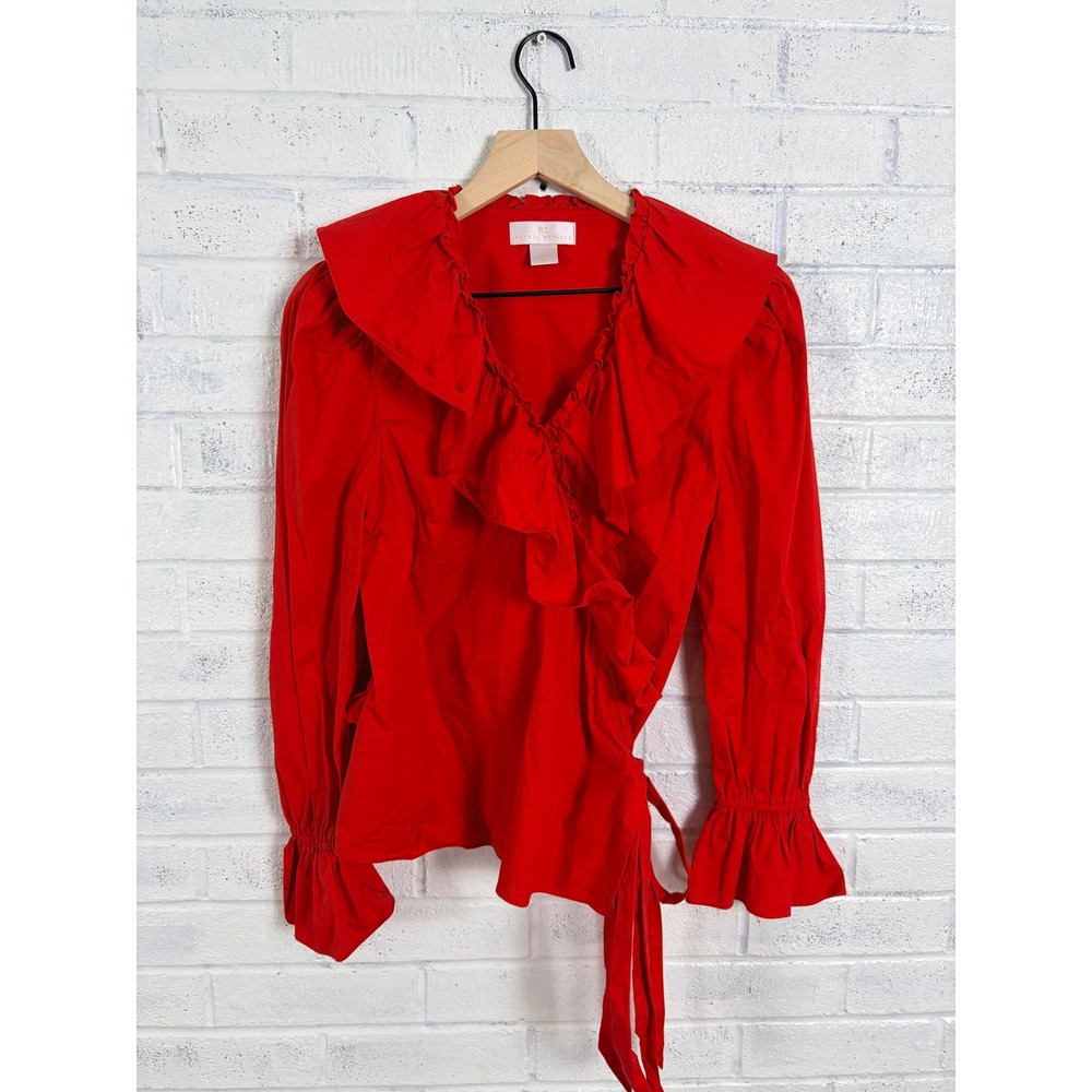 Rachel Parcell Wrap Blouse Womens S Red Oversized Ruffle Collar Tie Waist